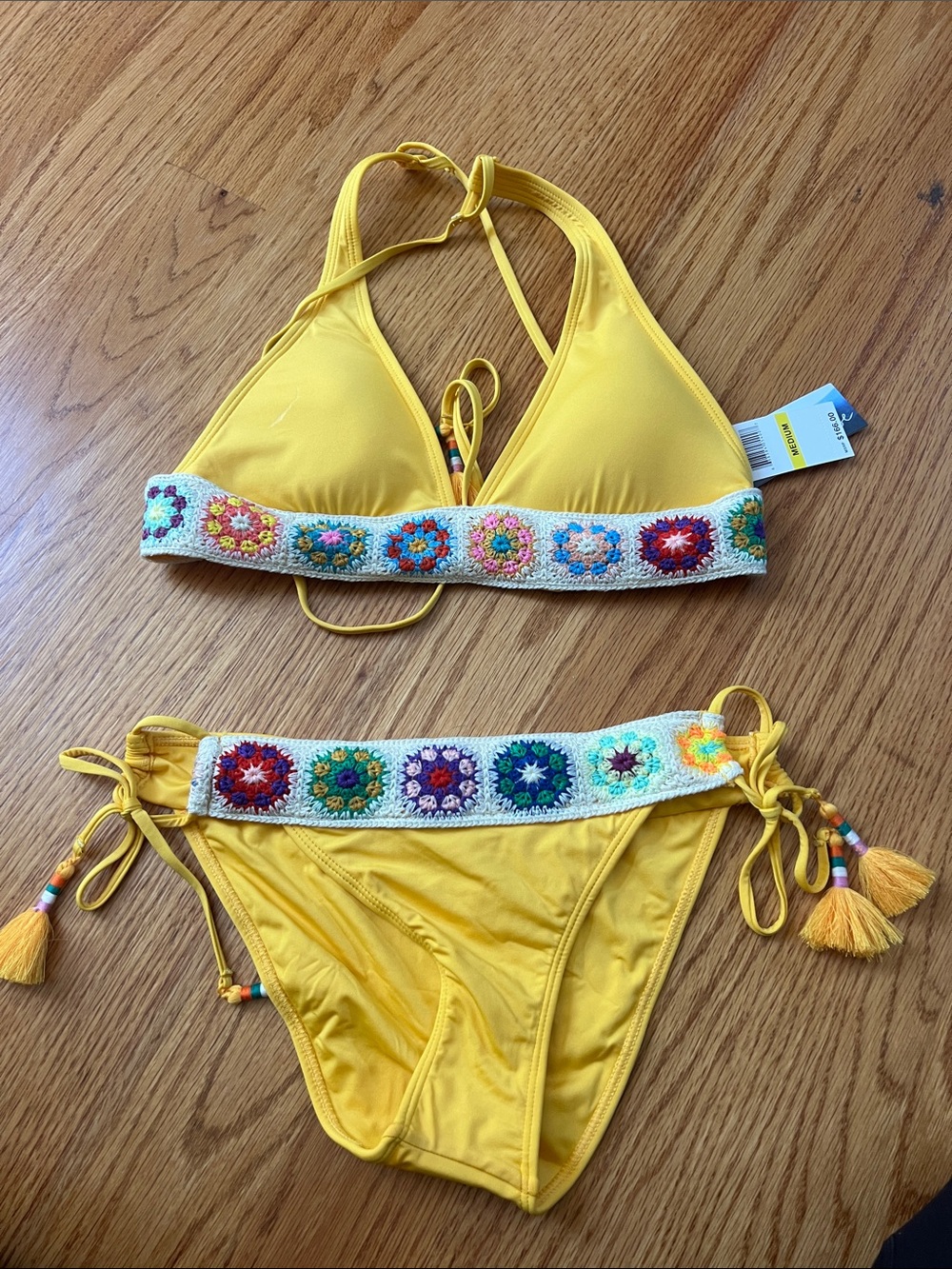 Isabella Rose Yellow Crochet-Trim Mexican Boho Tie stringBikini Set - medium NWT
